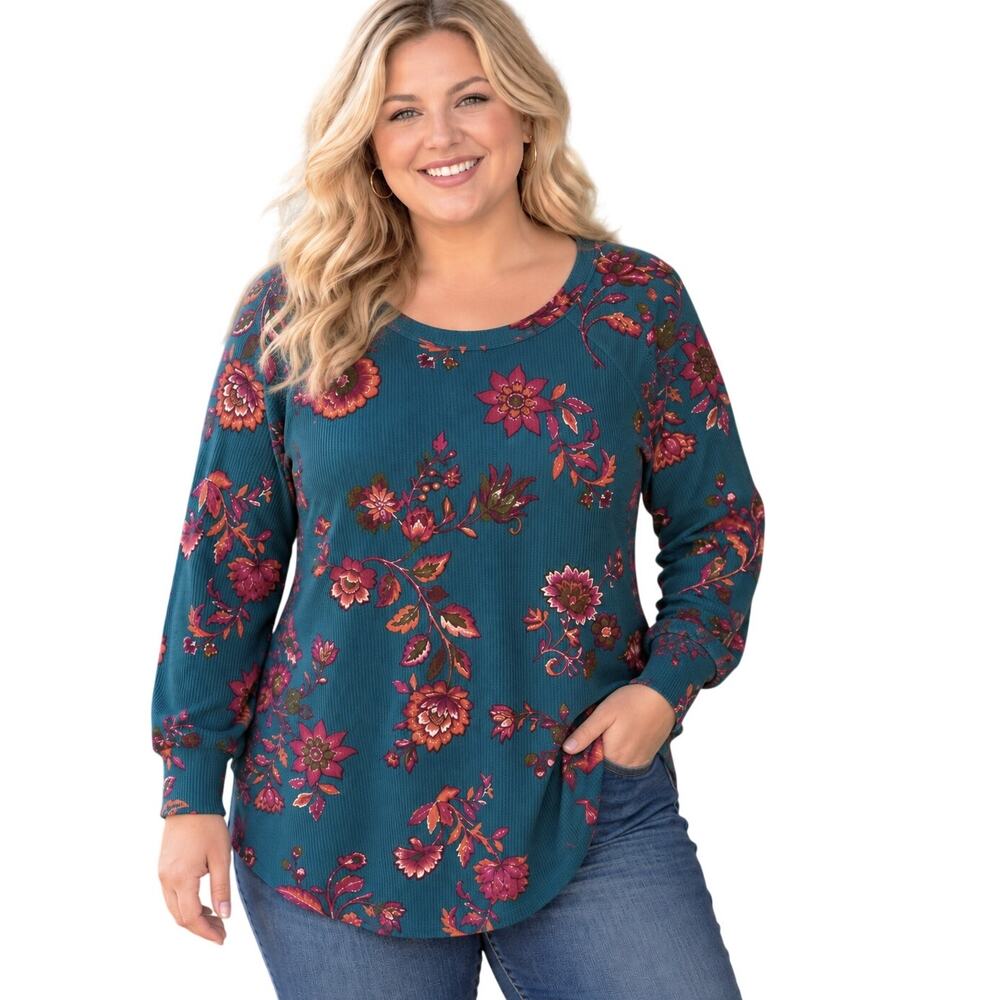Belle BOHO Waffle Knit Free Spirit Top Womens Size 1X Teal Blue Floral Thermal